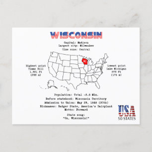Postal Festiva Estado norteamericano de Wisconsin en un mapa e in