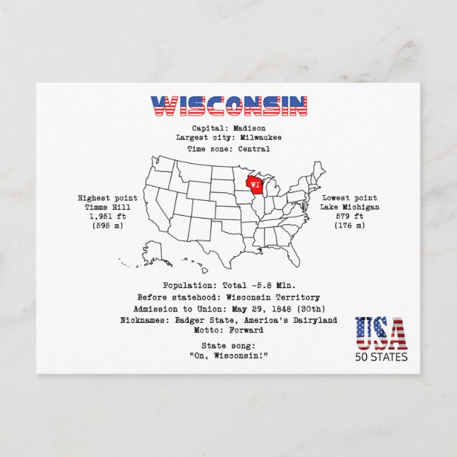 Postal Festiva Estado norteamericano de Wisconsin en un mapa e in (Anverso)