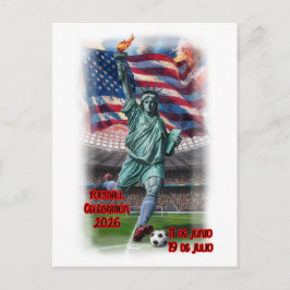 Postal Festiva Estatua de la Libertad celebrando fútbol en una