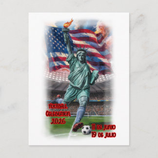 Postal Festiva Estatua de la Libertad celebrando fútbol en una