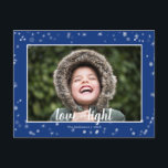 Postal Festiva Estrellas lindas Jánuca del amor y de la luz<br><div class="desc">Lindo y diversión, esta postal del día de fiesta es la de manera perfecta de enviar los saludos de la estación a los amigos y a la familia. Características blancas y estrellas y nieve de plata en un fondo azul. Cambie la plantilla de la foto sus la propia. El frente...</div>