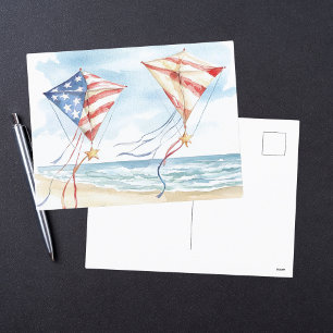Postal Festiva Estrellas Patrióticas Acuarela Kites Costeros