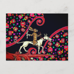 Postal Festiva EXTRAÑO conejo BESTIARIO MEDIEVAL montando un perr