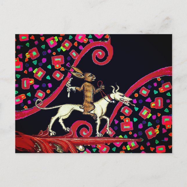 Postal Festiva EXTRAÑO conejo BESTIARIO MEDIEVAL montando un perr (Anverso)
