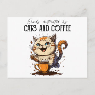 Postal Festiva Fácilmente Distraído Por Gatos Y Café Amantes De L