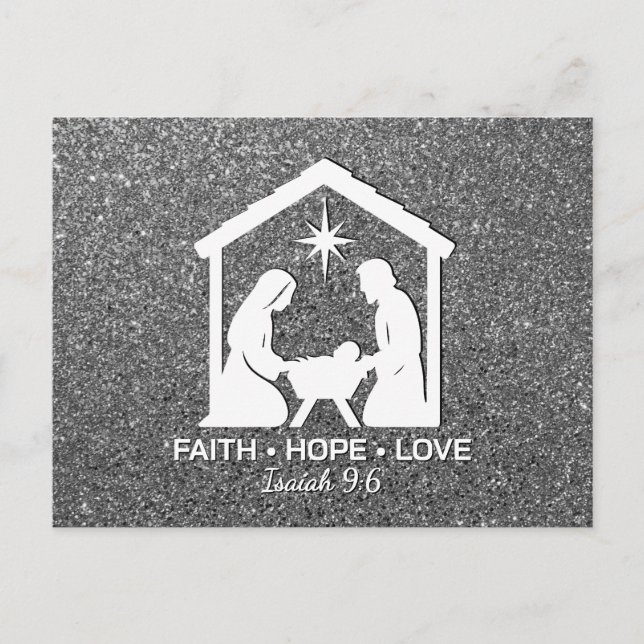 Postal Festiva FAITH HOPE LOVE Silver Glitter Christian Christmas (Anverso)