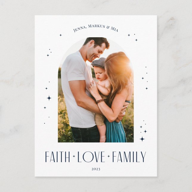 Postal Festiva Faith Love Family Navidades de arte moderno Blue (Anverso)
