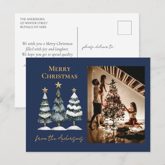 Postal Festiva Familia de árboles navideños modernos foto marina  (Anverso / Reverso)