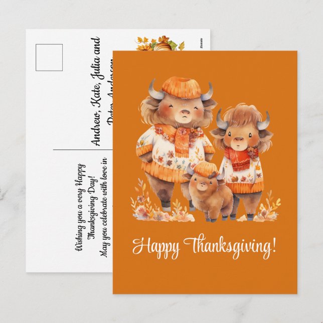 Postal Festiva Familia de Búfalos Felices Acción de Gracias (Anverso / Reverso)