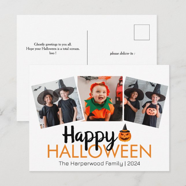 Postal Festiva familia de calabaza jack-o-lantern Halloween 3 Fot (Anverso / Reverso)