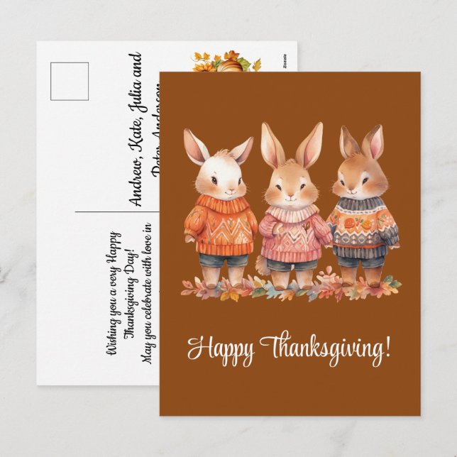 Postal Festiva Familia de Conejos Felices Acción de Gracias (Anverso / Reverso)