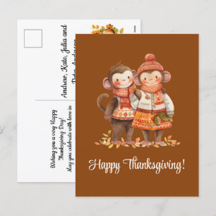 Postal Festiva Familia de Monos Felices Acción de Gracias