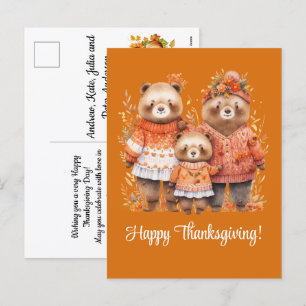 Postal Festiva Familia de Osos Felices Acción de Gracias
