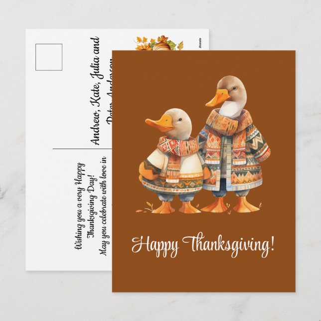 Postal Festiva Familia de Patos Felices Acción de Gracias (Anverso / Reverso)