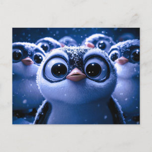 Postal Festiva Familia de pingüinos lindos en una noche invernal