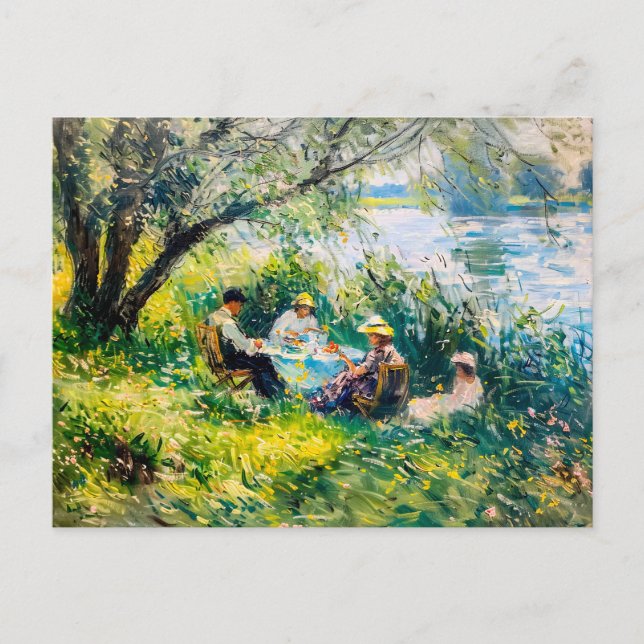 Postal Festiva familia disfrutando de un picnic en una exuberante (Anverso)