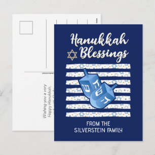 Postal Festiva Familia Dreidel Azul Personalizado Hanukkah