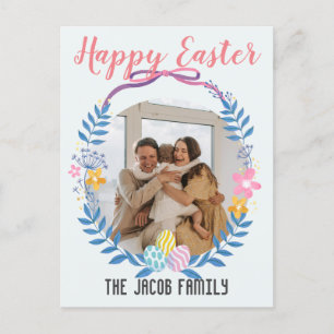 Postal Festiva Familia Feliz Pascua, familia de conejitos de Pasc