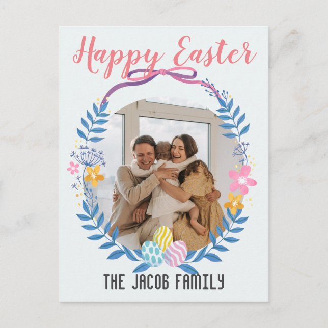 Postal Festiva Familia Feliz Pascua, familia de conejitos de Pasc (Anverso)