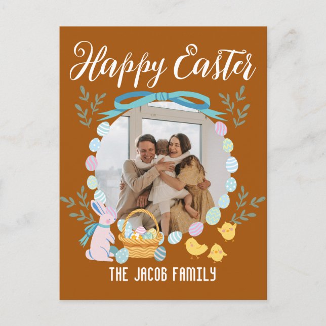 Postal Festiva Familia Feliz Pascua, familia de conejitos de Pasc (Anverso)