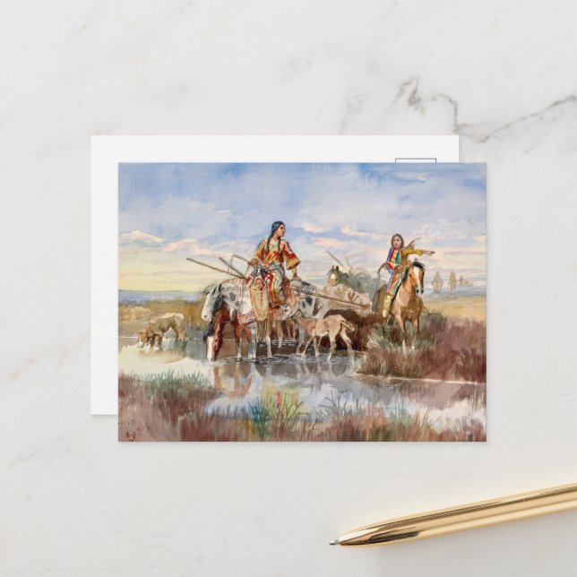 Postal Festiva Familia india con Travois por Charles M. Russell (Anverso/Reverso In Situ)