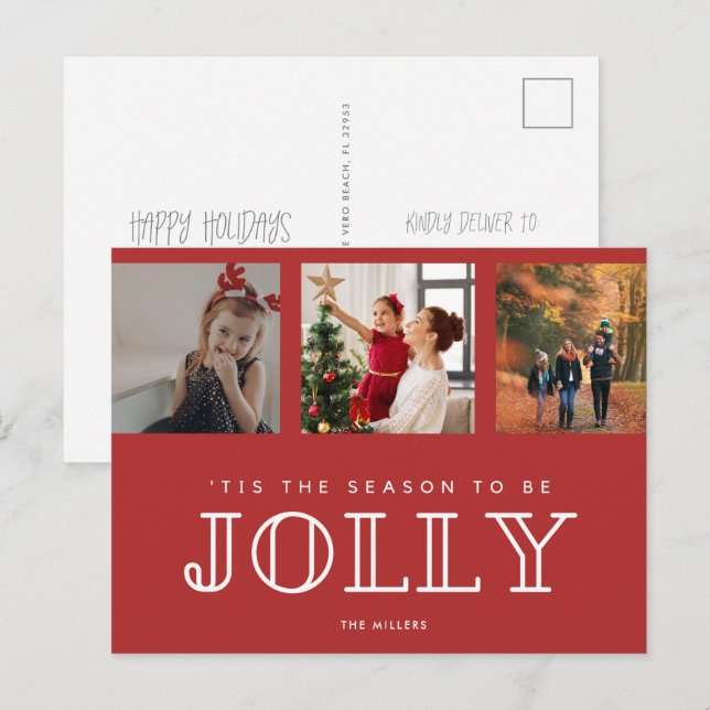 Postal Festiva Familia Jolly Tres Navidades de fotos Rojo (Anverso / Reverso)