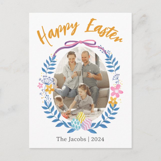 Postal Festiva Familia simple elegante feliz de Pascua una foto (Anverso)