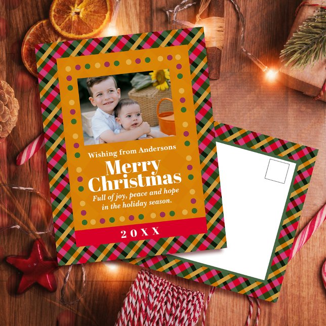 Postal Festiva Family Christmas Plaid Photo Gold Holiday Postcard (Subido por el creador)