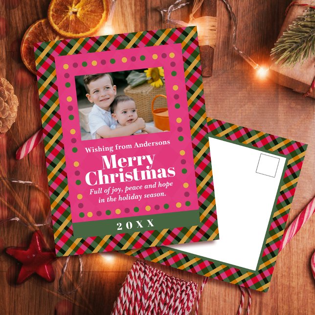 Postal Festiva Family Christmas Plaid Photo Red Holiday Postcard (Subido por el creador)