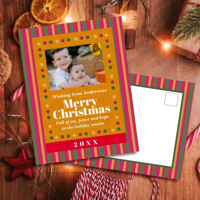 Postal Festiva Family Christmas Stripe Photo Holiday Postcard (Subido por el creador)