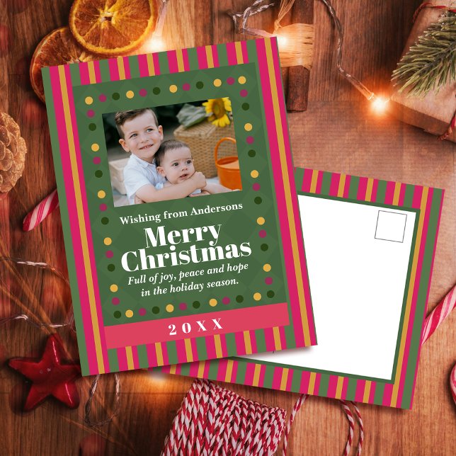 Postal Festiva Family Christmas Stripe Photo Holiday Postcard (Subido por el creador)