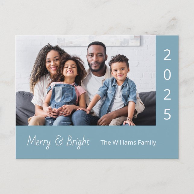 Postal Festiva Family Photo Merry and Bright Modern Christmas  (Anverso)