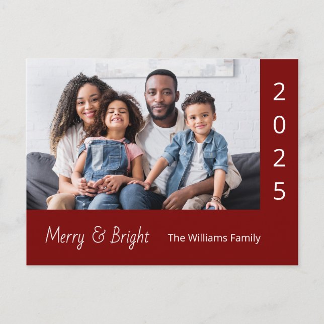 Postal Festiva Family Photo Merry and Bright Modern Christmas Red (Anverso)