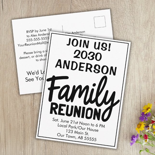 Postal Festiva Family Reunion Join Us Bold Script Modern Postcard (Subido por el creador)