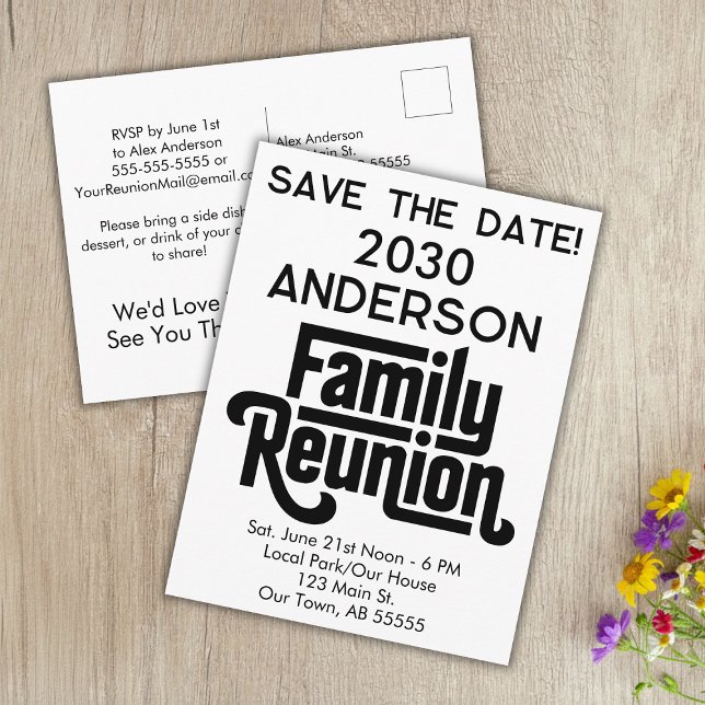 Postal Festiva Family Reunion Modern Black White Save The Date (Subido por el creador)