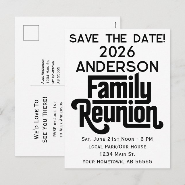 Postal Festiva Family Reunion Modern Black White Save The Date (Anverso / Reverso)