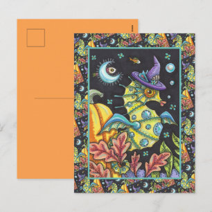 POSTAL FESTIVA FANTASÍA COLORIDA CABALLO DE MAR, BRUJA EN EL MAR
