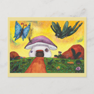 Postal Festiva Fantasía de acuarela Hada Mariposa Casa de hongos
