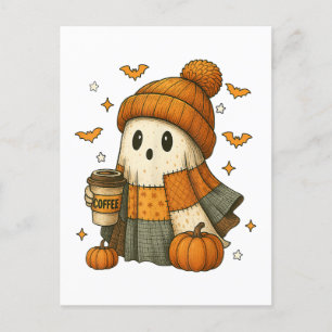 Postal Festiva Fantasma Adorable Bebiendo Café Halloween