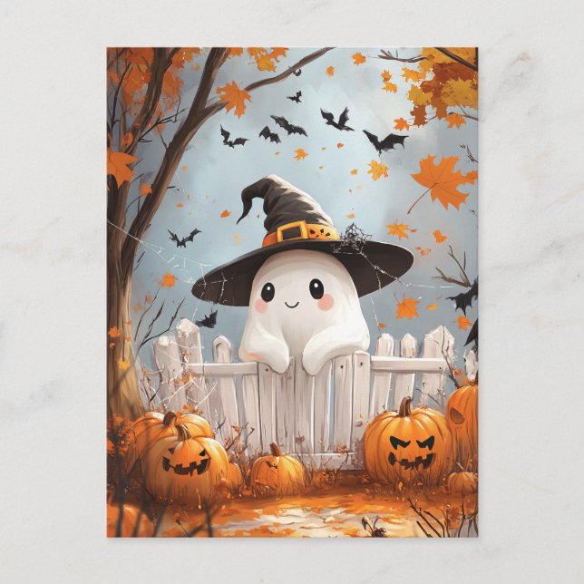 Postal Festiva Fantasma de Halloween con calabazas (Anverso)