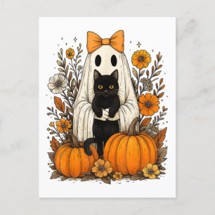 Postal Festiva Fantasma de Halloween sosteniendo gato negro