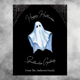 Postal Festiva Fantasma de hojas blancas de Halloween y telaraña 