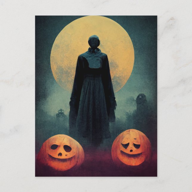 Postal Festiva Fantasma espeluznante y calabazas Halloween (Anverso)