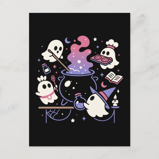 Postal Festiva Fantasma Fantasma Halloween Bruja Cauldron (Anverso)