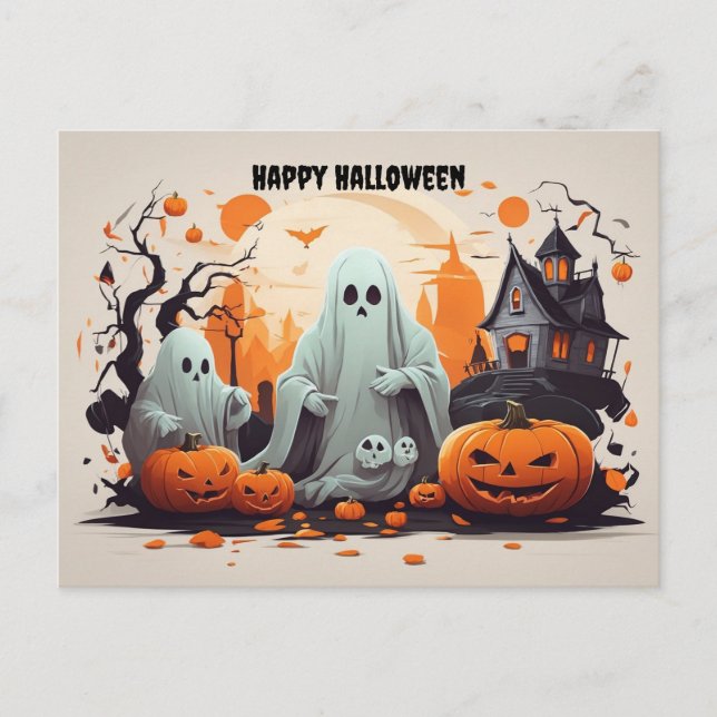 Postal Festiva Fantasma feliz de Halloween y calabazas (Anverso)