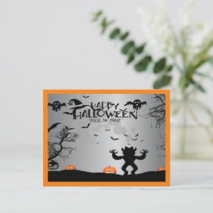 Postal Festiva Fantasma feliz de Halloween y calabazas