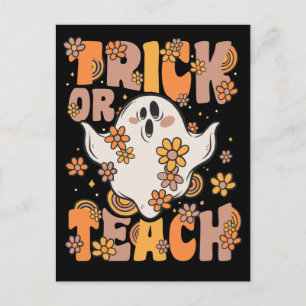 Postal Festiva Fantasma Groovy Trick O Teach Con Flores Vintage H