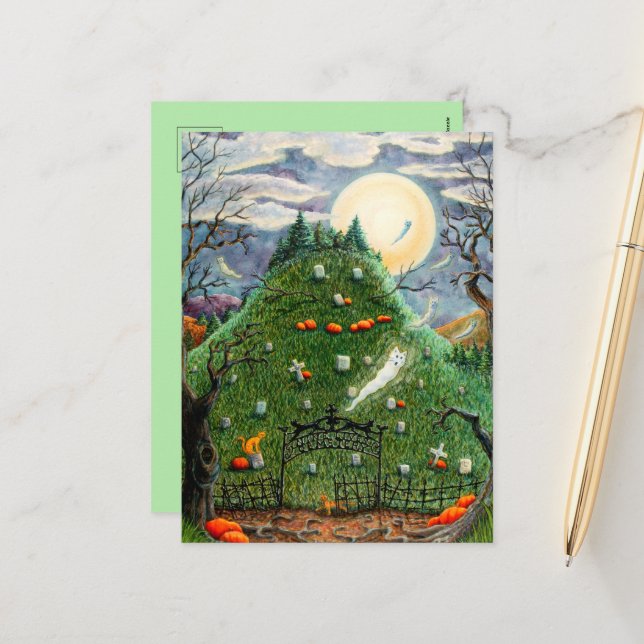 POSTAL FESTIVA FANTASMAS CAT EN NUEVE CEMETERIO DE VIDAS, ARTE FO (Anverso/Reverso In Situ)