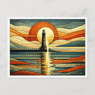 Postal Festiva Faro de la puesta del sol reflejo Art Deco