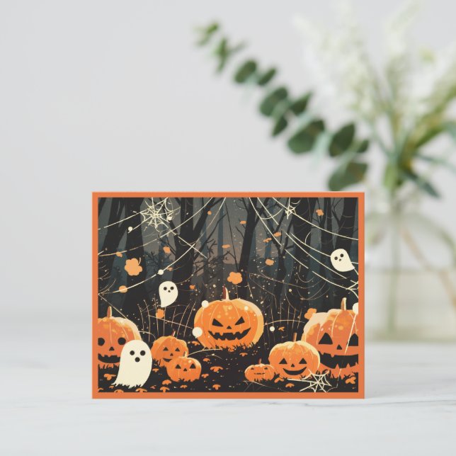 Postal Festiva Faroles Jack O' y fantasmas en el bosque de Hallow (Anverso de pie)